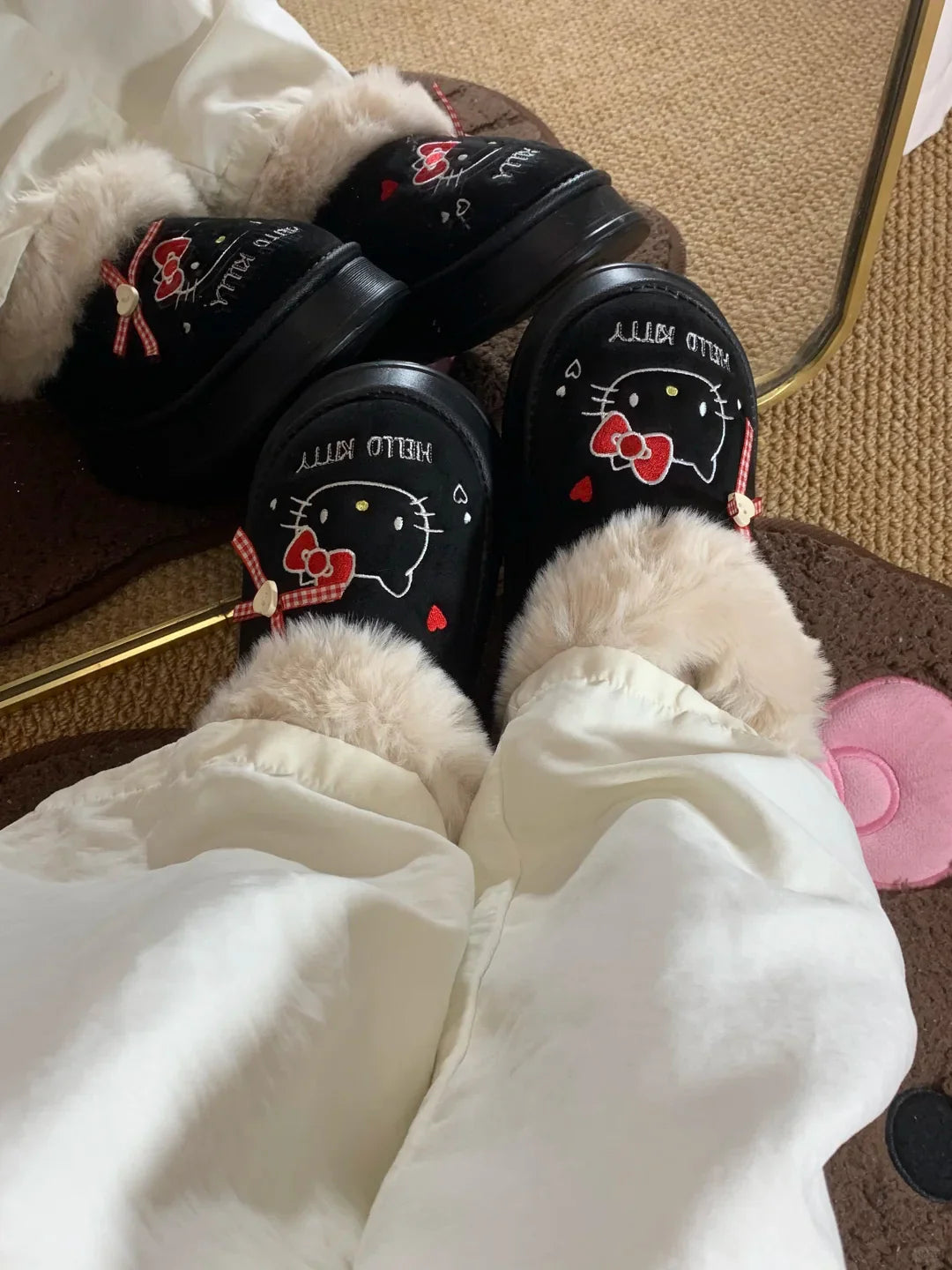 Hello Kitty Faux-Fur Trim & Bow Accent Plush Slippers