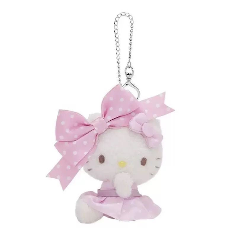 Hello Kitty Plush Bag Charm, Soft Stuffed Keychain with Pink Polka Dot Bow