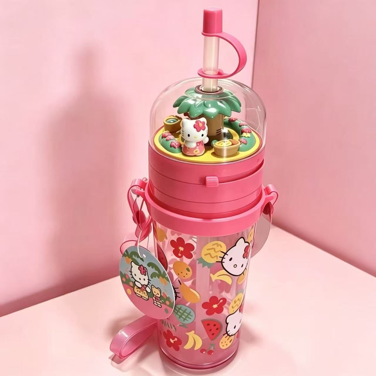 3D Mini Hello Kitty Figurine Lid Tropical Fruit Print Reusable Plastic Straw Cup