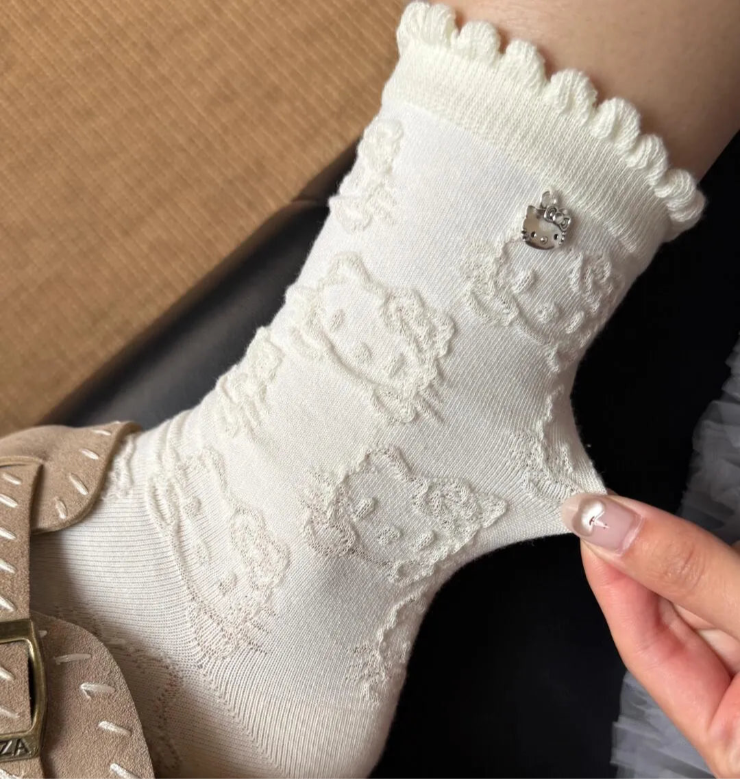 Embossed HK Lace Socks(Soft Cotton Mid-Calf Socks for Spring & Autumn)