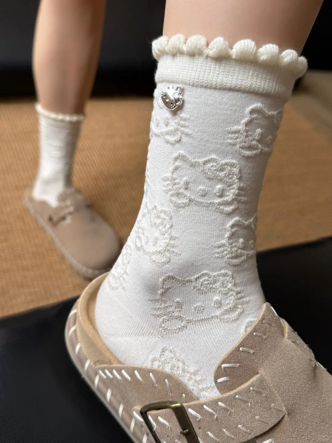 Embossed HK Lace Socks(Soft Cotton Mid-Calf Socks for Spring & Autumn)