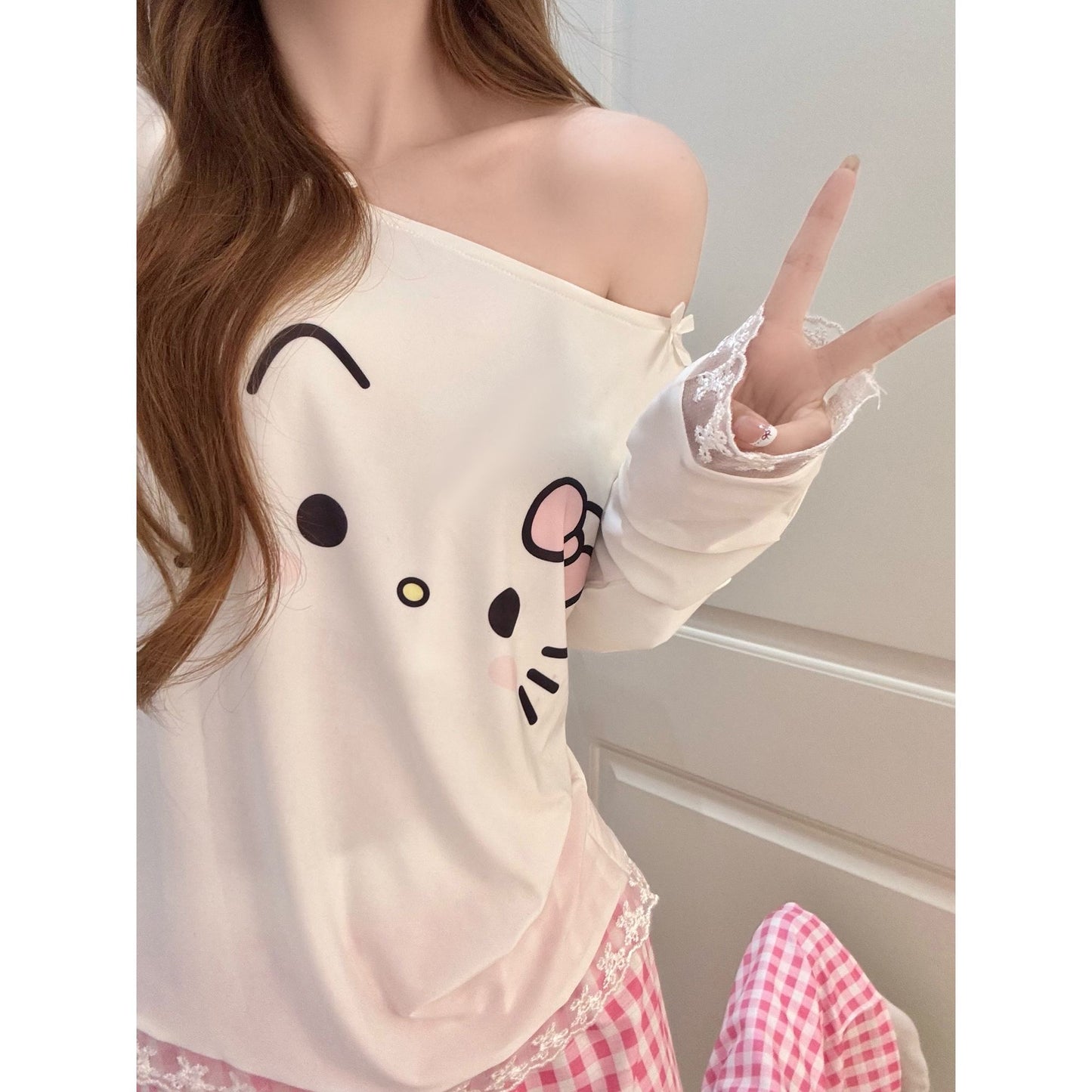 Hello Kitty Lace Trim Pajama Set, Women’s Off-Shoulder Sleepwear with Built-in Bra, Pink Gingham Loungewear