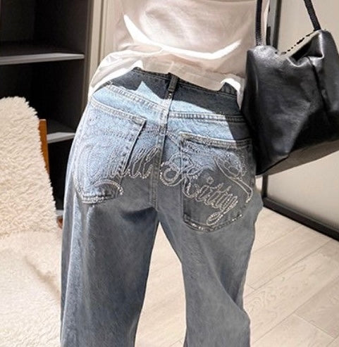 Hellokitty Handemade Rhinestone Jeans Denim Pants Sparkle Jeans Studded Bling Pants with Diamonds