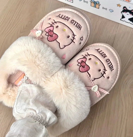 Hello Kitty Faux-Fur Trim & Bow Accent Plush Slippers