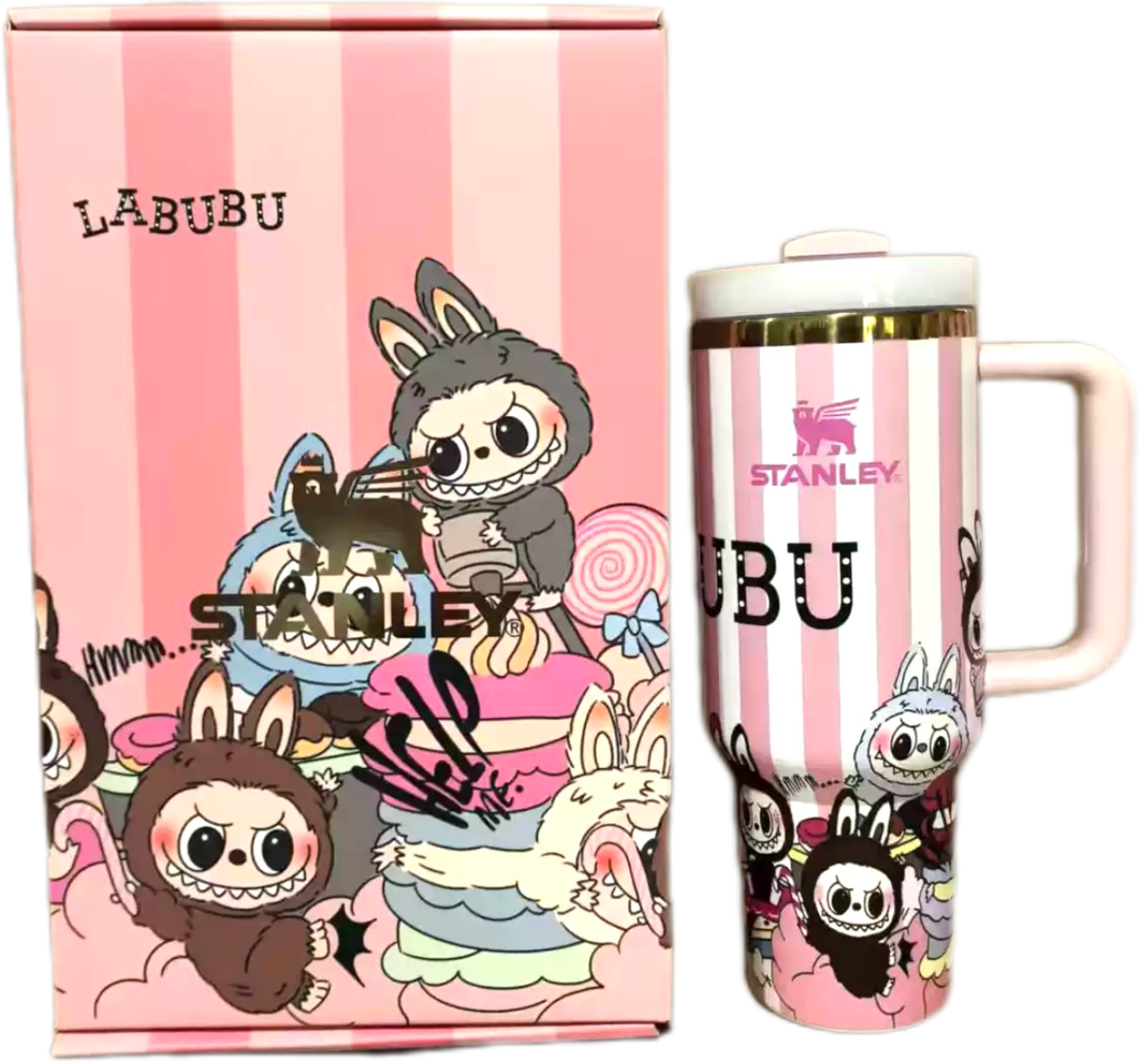 Labubu Pink Stripe Magic In-Car Insulated Cup 40 OZ with Colorful Premium Gift Box