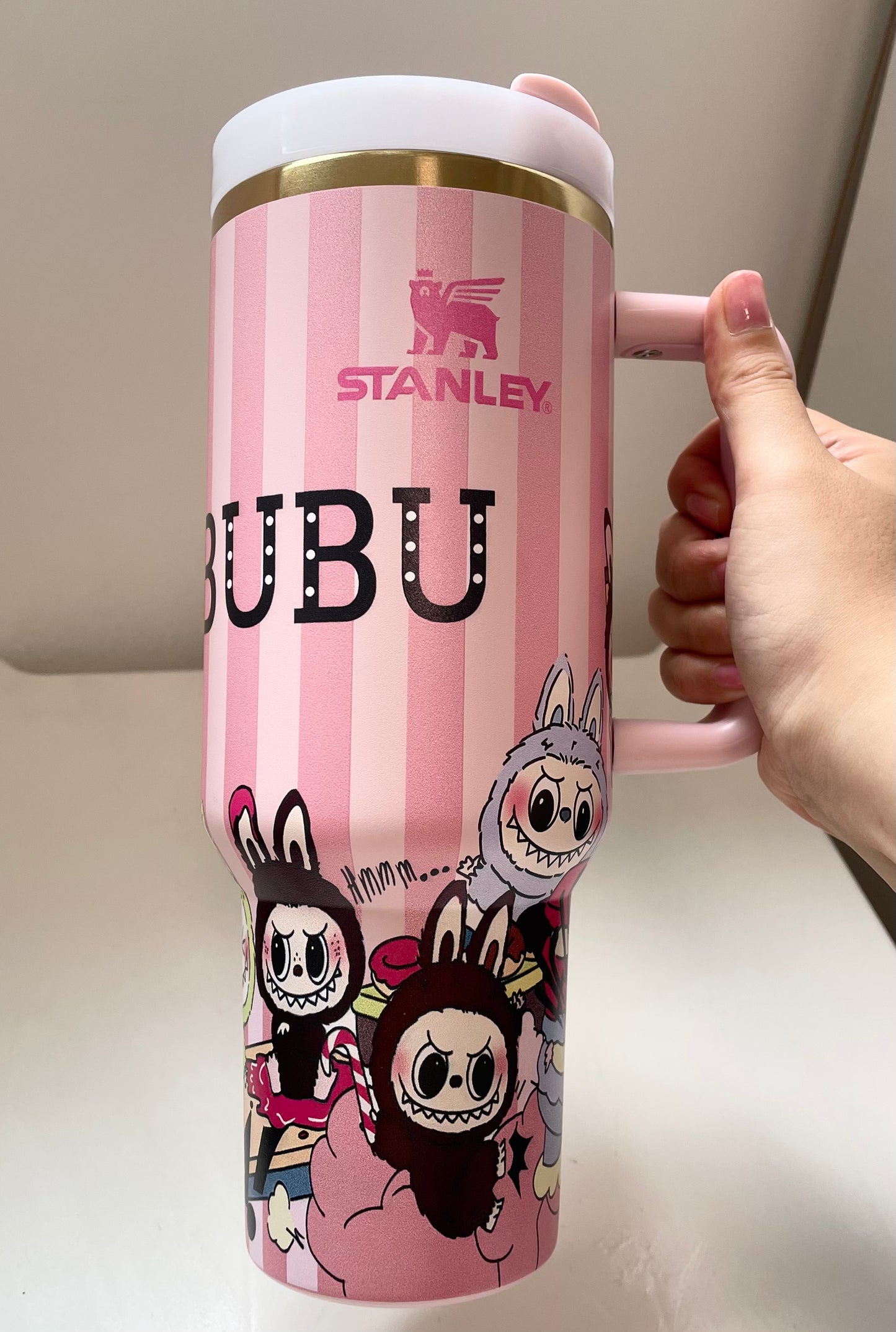 Labubu Pink Stripe Magic In-Car Insulated Cup 40 OZ with Colorful Premium Gift Box
