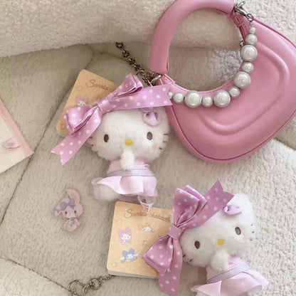 Hello Kitty Plush Bag Charm, Soft Stuffed Keychain with Pink Polka Dot Bow