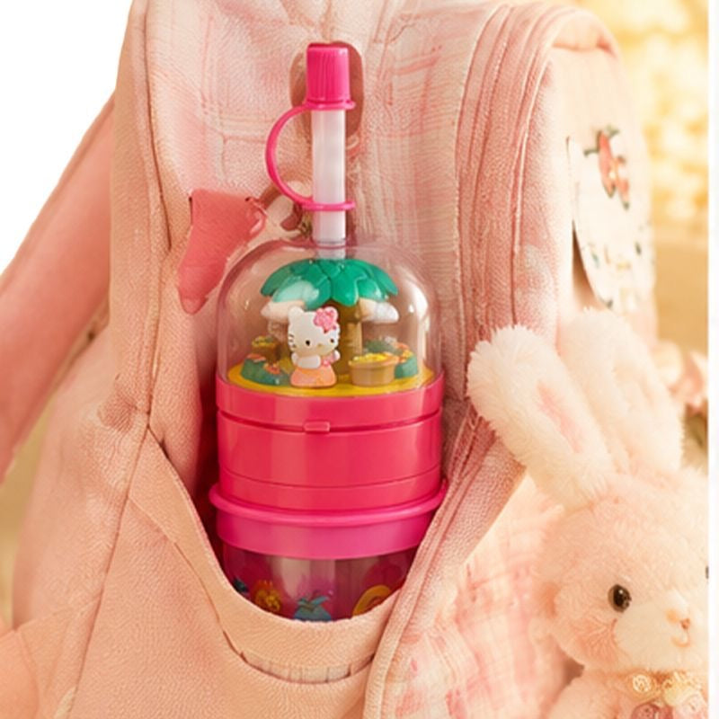 3D Mini Hello Kitty Figurine Lid Tropical Fruit Print Reusable Plastic Straw Cup