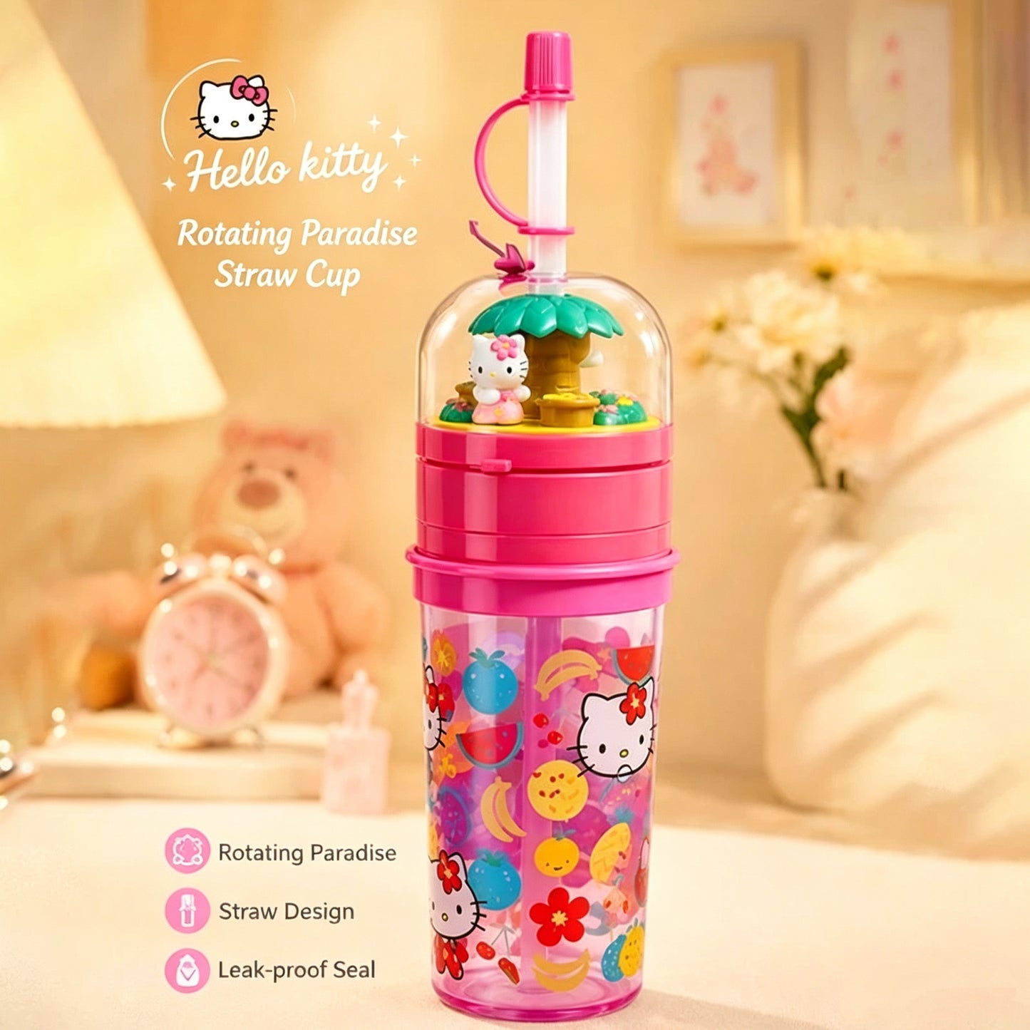 3D Mini Hello Kitty Figurine Lid Tropical Fruit Print Reusable Plastic Straw Cup