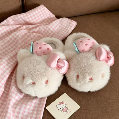 🍓Sweet Fluffy Hello Kitty Strawberry‑Bow Slippers