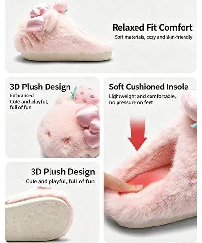 🍓Sweet Fluffy Hello Kitty Strawberry‑Bow Slippers