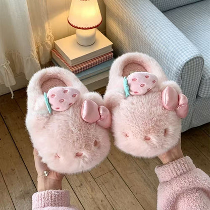 🍓Sweet Fluffy Hello Kitty Strawberry‑Bow Slippers
