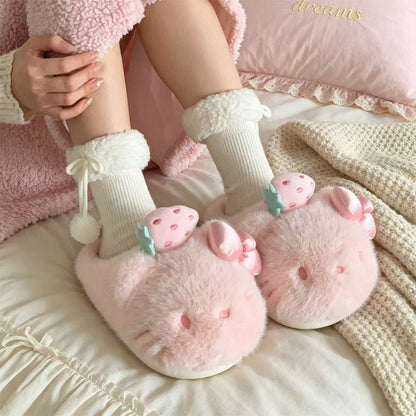 🍓Sweet Fluffy Hello Kitty Strawberry‑Bow Slippers
