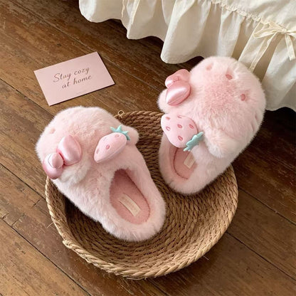 🍓Sweet Fluffy Hello Kitty Strawberry‑Bow Slippers