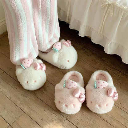🍓Sweet Fluffy Hello Kitty Strawberry‑Bow Slippers