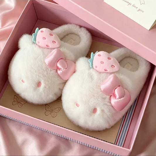 🍓Sweet Fluffy Hello Kitty Strawberry‑Bow Slippers