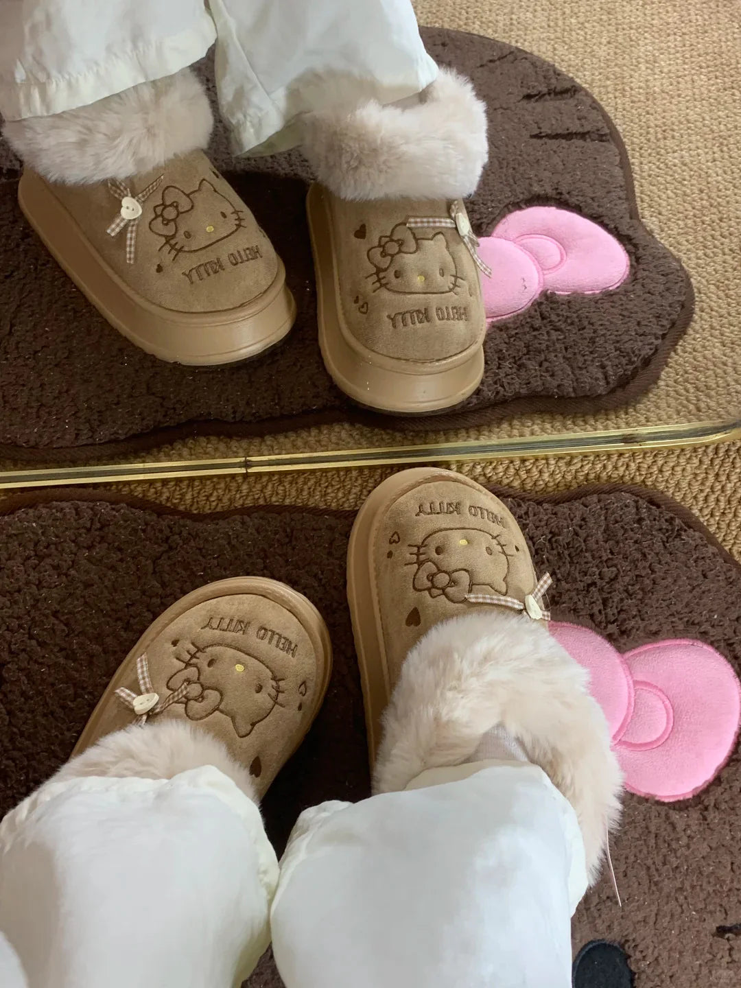 Hello Kitty Faux-Fur Trim & Bow Accent Plush Slippers