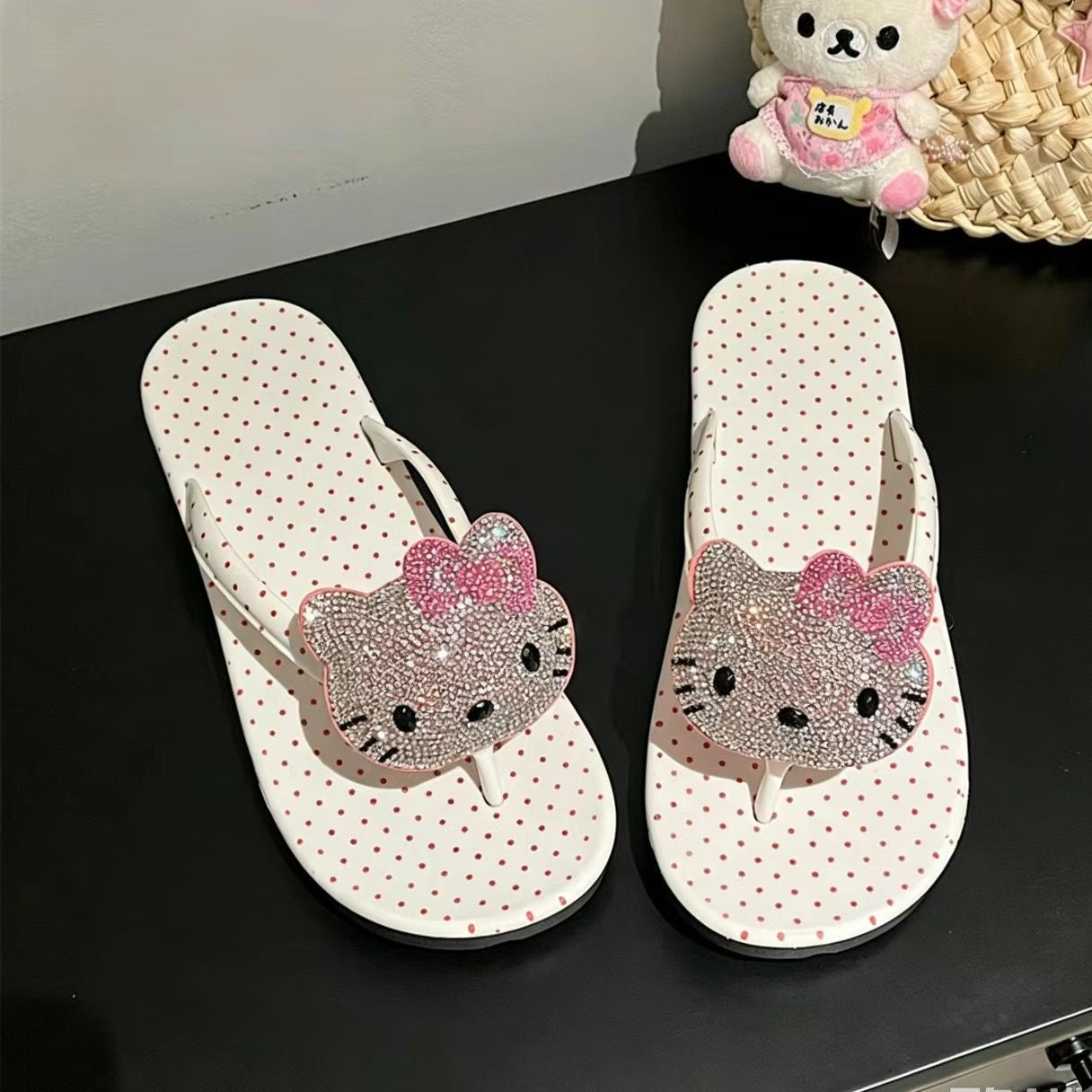 Rhinestone Hello Kitty Polka Dot Flip Flops