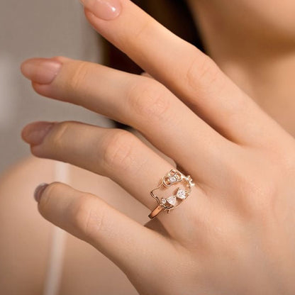 Licensed Hello Kitty Hollow Crown Ring, 925 Sterling Silver Adjustable Open Ring, Kawaii Rose Gold Stackable Ring for Women, Cute Sanrio Jewelry Birthday Gift for Her