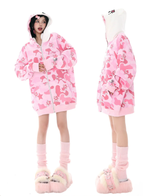 Hello Kitty Camouflage Hoodies Oversized Jacket