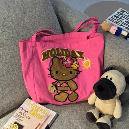 Hello Kitty Holiday Beach Tote Bag, Large Capacity Pink Canvas Handbag