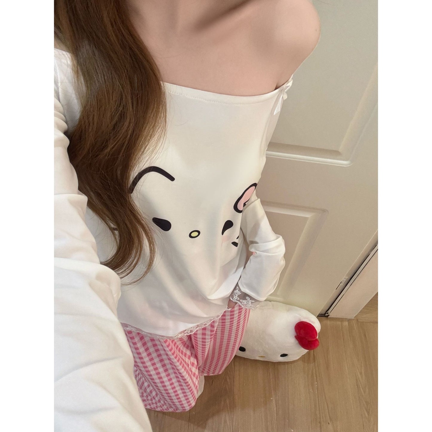 Hello Kitty Lace Trim Pajama Set, Women’s Off-Shoulder Sleepwear with Built-in Bra, Pink Gingham Loungewear