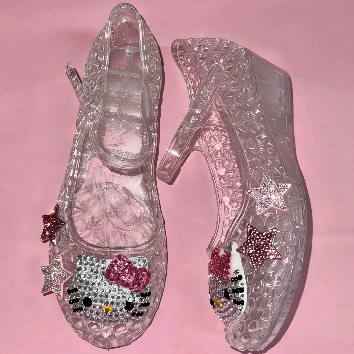 Hellokitty Handmade Rhinestone Flat Jelly Shoes Hollow Out Crystal Jelly Heel Summer Beach Sandals
