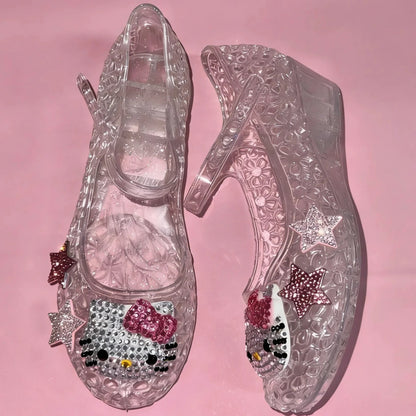 Hellokitty Handmade Rhinestone Flat Jelly Shoes Hollow Out Crystal Jelly Heel Summer Beach Sandals