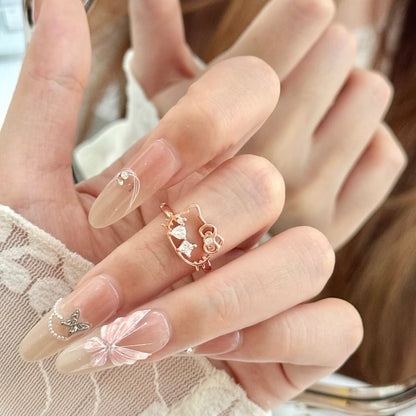Licensed Hello Kitty Hollow Crown Ring, 925 Sterling Silver Adjustable Open Ring, Kawaii Rose Gold Stackable Ring for Women, Cute Sanrio Jewelry Birthday Gift for Her