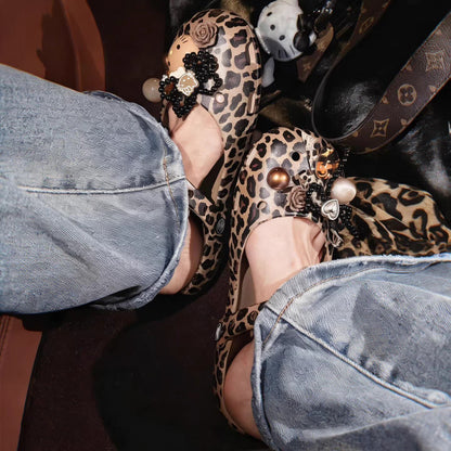 Hello Kitty Leopard Print Mary Jane Clogs - Coquette Ballet Style with DIY Charms