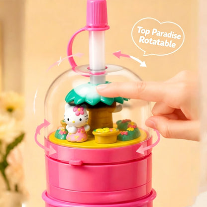 3D Mini Hello Kitty Figurine Lid Tropical Fruit Print Reusable Plastic Straw Cup