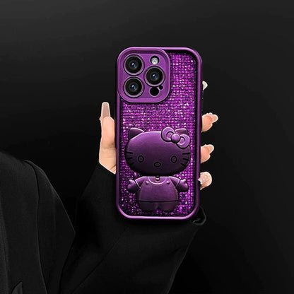 Purple Glitter 3D Hello Kitty Phone Case with Lanyard For iPhone