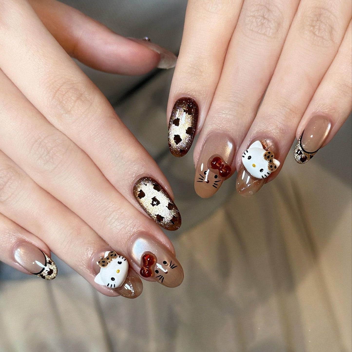Handmade Press On Nails, Retro Leopard Hello Kitty 3D Charms, Brown Cat Eye Fall Kawaii Fake Nails for Women