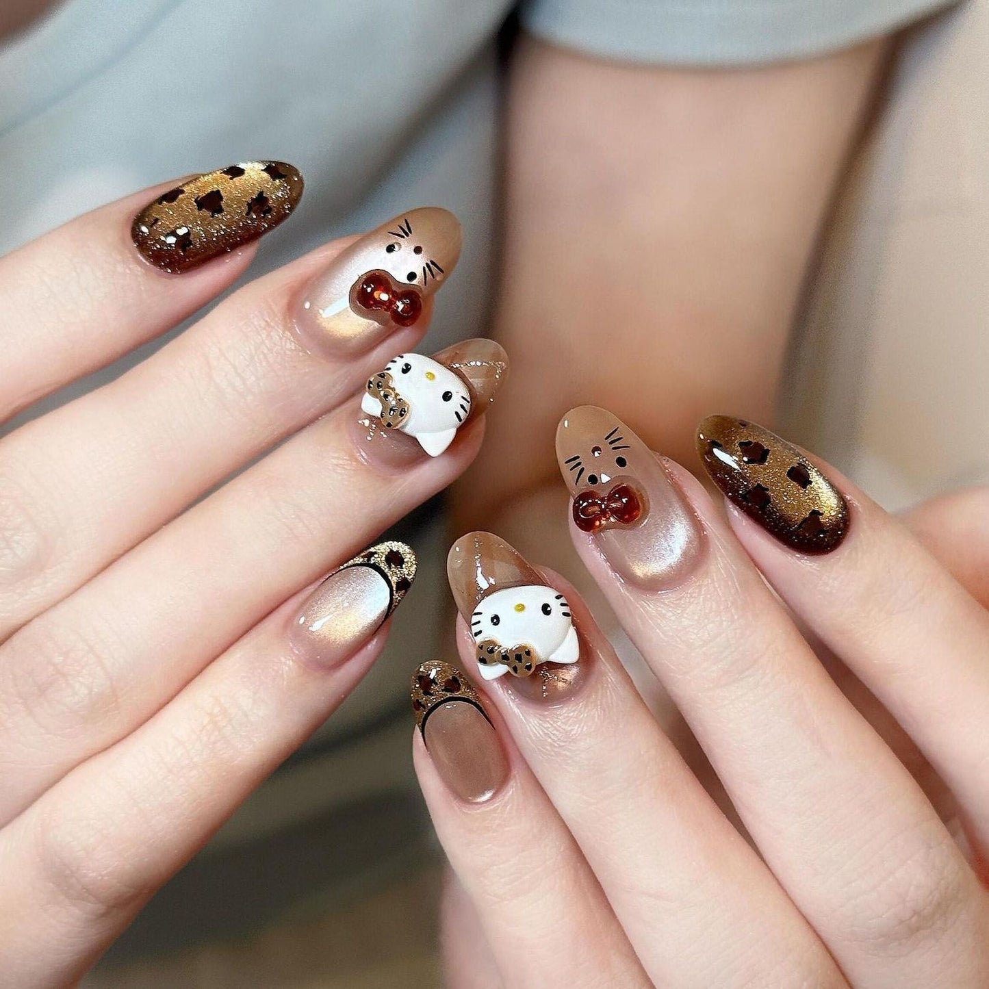Handmade Press On Nails, Retro Leopard Hello Kitty 3D Charms, Brown Cat Eye Fall Kawaii Fake Nails for Women