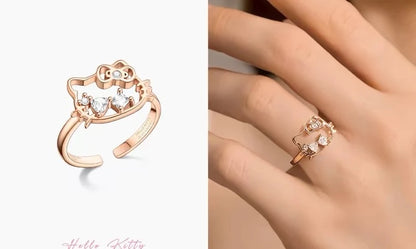 Licensed Hello Kitty Hollow Crown Ring, 925 Sterling Silver Adjustable Open Ring, Kawaii Rose Gold Stackable Ring for Women, Cute Sanrio Jewelry Birthday Gift for Her