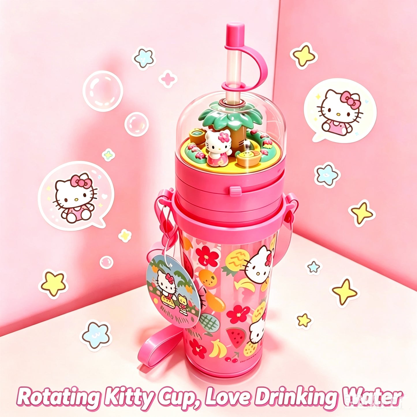 3D Mini Hello Kitty Figurine Lid Tropical Fruit Print Reusable Plastic Straw Cup