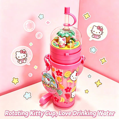 3D Mini Hello Kitty Figurine Lid Tropical Fruit Print Reusable Plastic Straw Cup