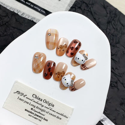 Handmade Press On Nails, Retro Leopard Hello Kitty 3D Charms, Brown Cat Eye Fall Kawaii Fake Nails for Women