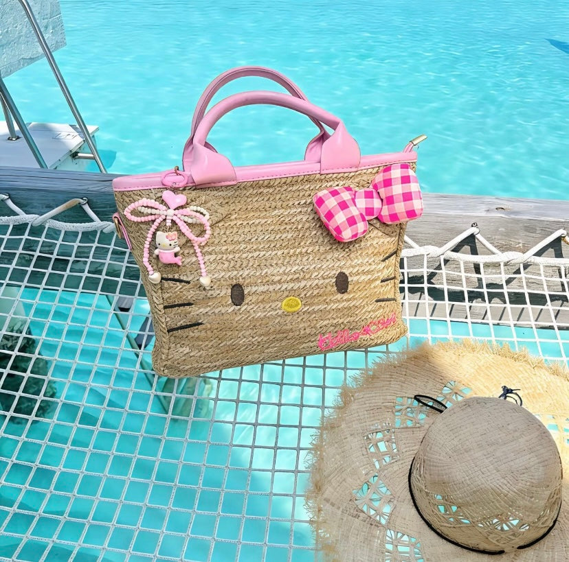 Hello Kitty Straw Tote Bag with Pink Bow Summer Beach Crossbody Handbag