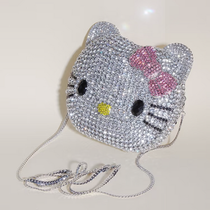 Hello Kitty Rhinestone Evening Bag, Handmade Full Crystal Crossbody Chain Purse
