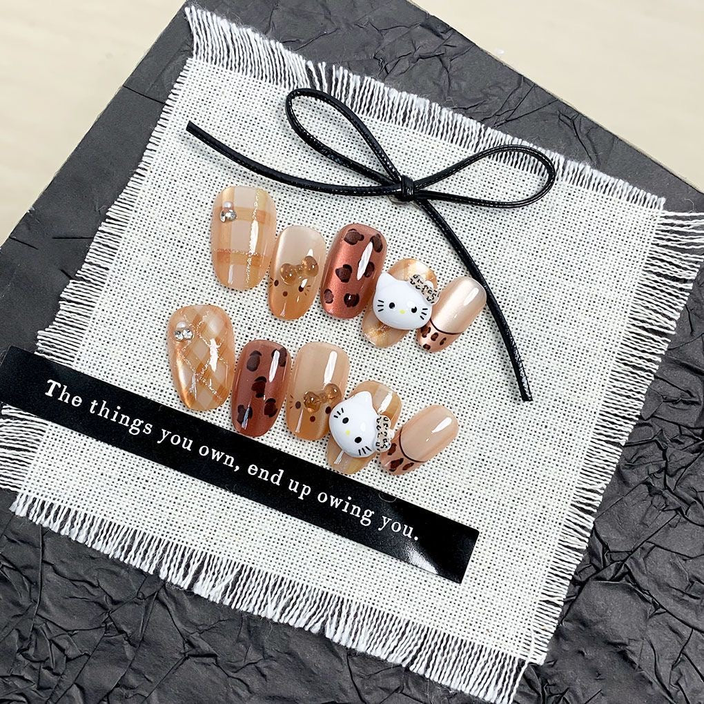 Handmade Press On Nails, Retro Leopard Hello Kitty 3D Charms, Brown Cat Eye Fall Kawaii Fake Nails for Women