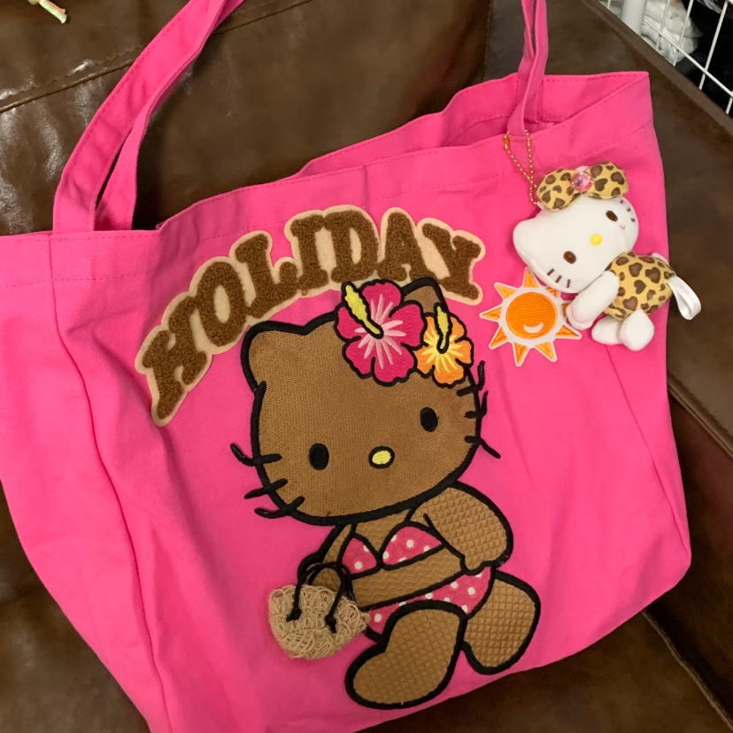 Hello Kitty Holiday Beach Tote Bag, Large Capacity Pink Canvas Handbag
