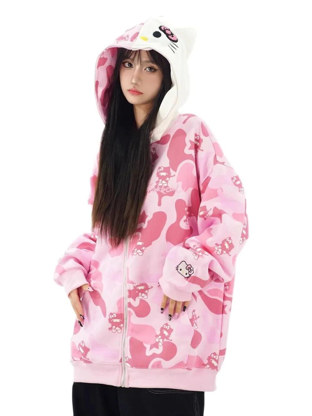 HELLO KITTY 9090girl パーカー Pink camo S Hello Kitty Camouflage Hoodies Oversized Jacket – GoodChoyice