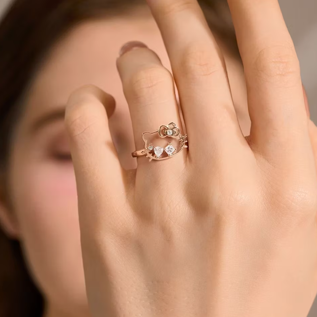 Licensed Hello Kitty Hollow Crown Ring, 925 Sterling Silver Adjustable Open Ring, Kawaii Rose Gold Stackable Ring for Women, Cute Sanrio Jewelry Birthday Gift for Her