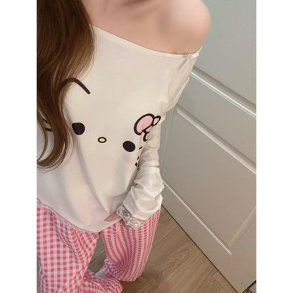 Hello Kitty Lace Trim Pajama Set, Women’s Off-Shoulder Sleepwear with Built-in Bra, Pink Gingham Loungewear