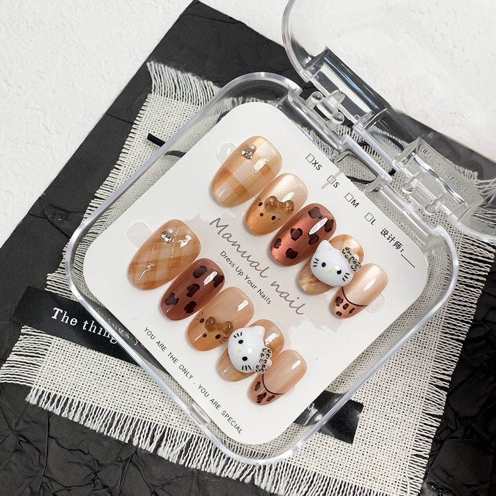 Handmade Press On Nails, Retro Leopard Hello Kitty 3D Charms, Brown Cat Eye Fall Kawaii Fake Nails for Women