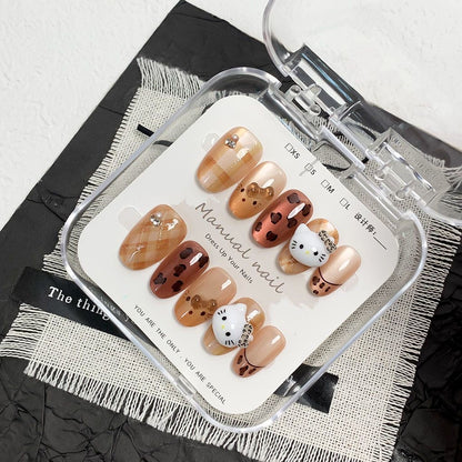 Handmade Press On Nails, Retro Leopard Hello Kitty 3D Charms, Brown Cat Eye Fall Kawaii Fake Nails for Women