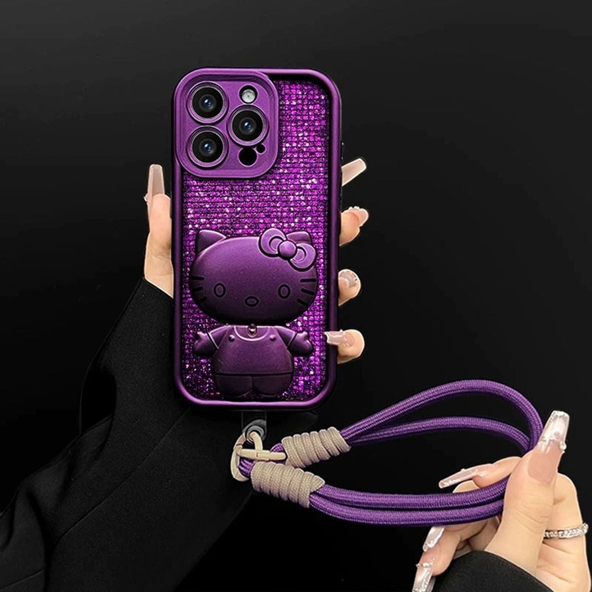 Purple Glitter 3D Hello Kitty Phone Case with Lanyard For iPhone