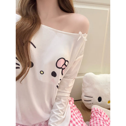 Hello Kitty Lace Trim Pajama Set, Women’s Off-Shoulder Sleepwear with Built-in Bra, Pink Gingham Loungewear