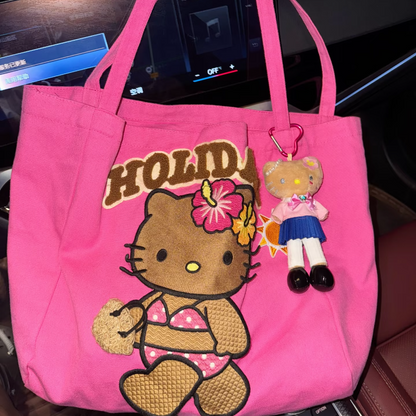 Hello Kitty Holiday Beach Tote Bag, Large Capacity Pink Canvas Handbag
